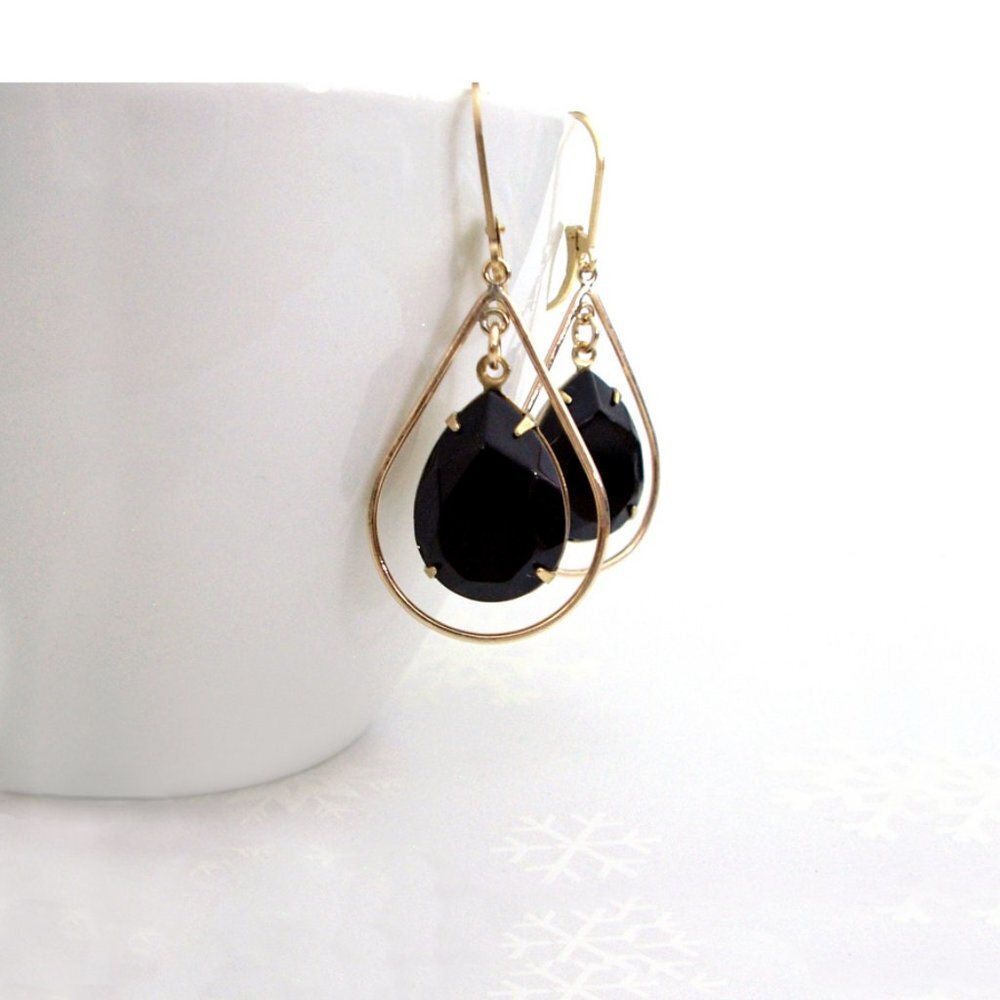 Vintage Rhinestone Earrings, Black Teardrop Earrings, Gold Fill Leverbac…